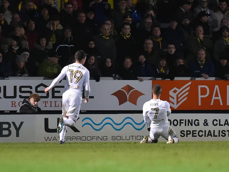 Keamr Roofe celebrates scoring against Burton Albion at the Pirelli Stadium on Boxing Day 2017. The Whites won 2-1.