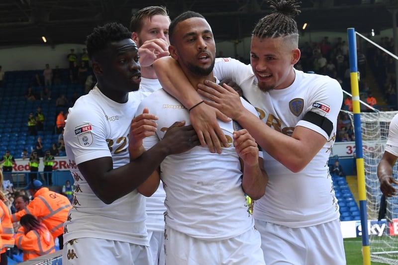 May 2017 and Kemar Roofe celebrates scoring against Queens Park Rnagers at Elland Road in the final game of the Championship season. Kalvin Philips scored the other goal in a 2-0 win.