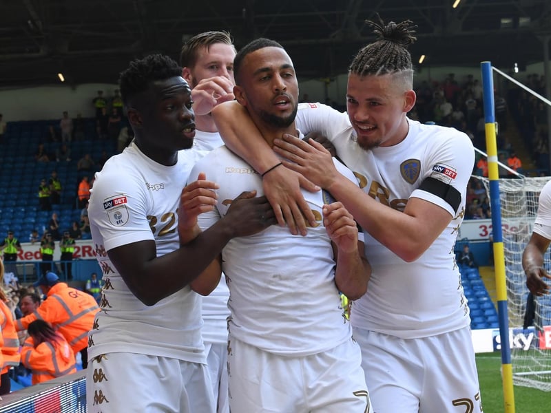 May 2017 and Kemar Roofe celebrates scoring against Queens Park Rnagers at Elland Road in the final game of the Championship season. Kalvin Philips scored the other goal in a 2-0 win.