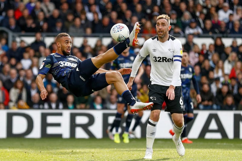 Kemar Roofe in action against Derby County at Pride Park during the Championship play-offs semi-final first leg in May 2019. He scored the only goal of the game.