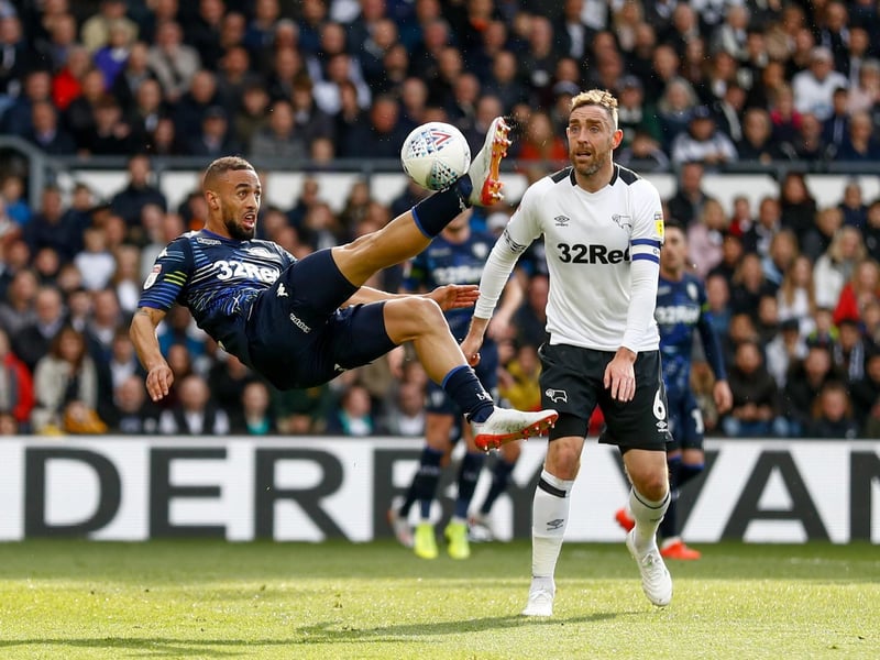 Kemar Roofe in action against Derby County at Pride Park during the Championship play-offs semi-final first leg in May 2019. He scored the only goal of the game.