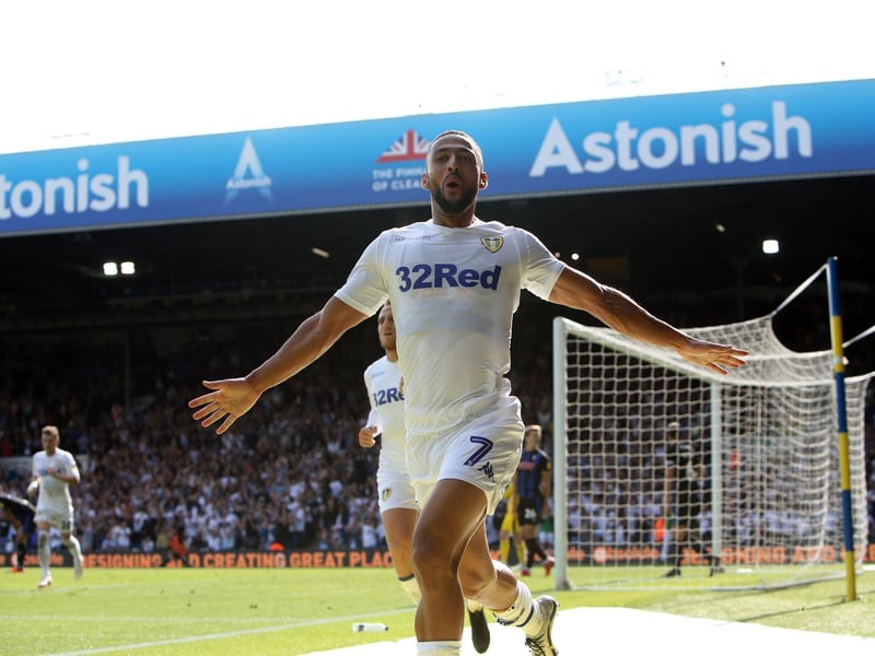 Kemar Roofe celebrates scoring against Rotherham United at Elland Road in Augusdt 2018.