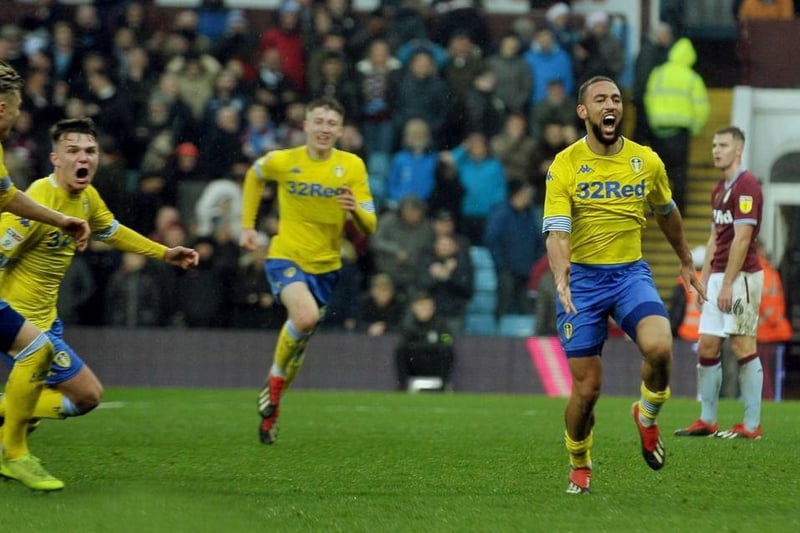 Kemar Roofe celebrates scoring as Leeds United won a thriller at the Villa in December 2018.