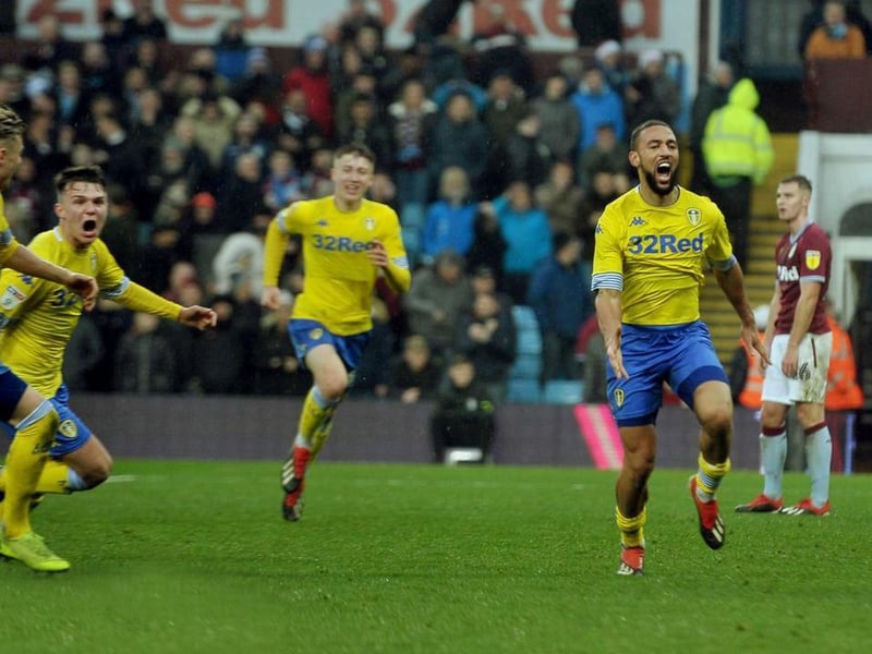 Kemar Roofe celebrates scoring as Leeds United won a thriller at the Villa in December 2018.