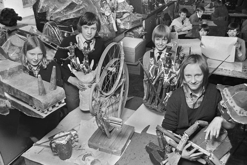 Pupils with some of their creations in the arts and crafts studio in March 1972 at Hindley County Secondary School.