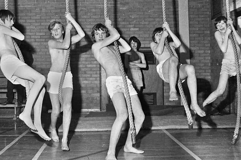 Third year boys in the gym in March 1972 at Hindley County Secondary School.