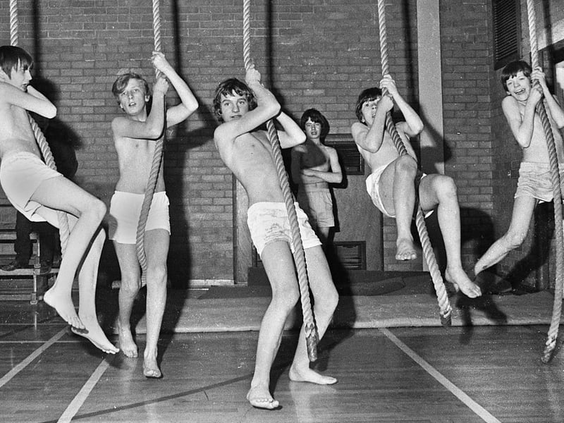 Third year boys in the gym in March 1972 at Hindley County Secondary School.