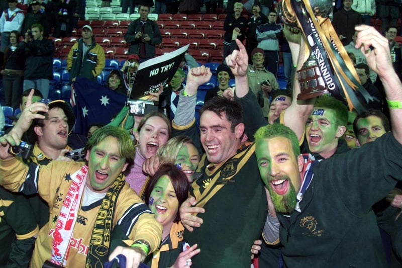 Brad Fittler Australia captain celebrates with the cup after the match between Great  Britain and Australia in the Rugby League Third Test at the JJB Stadium, Wigan - November 2001.