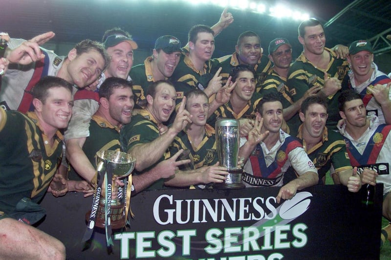 Australia celebrate their victory against Great Britain in the Third Guiness Test match between Great Britain and Australia in the at the JJB Stadium, Wigan, November 2001.