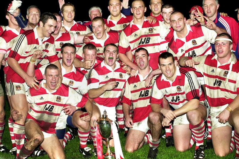 The Wigan Warriors celebrate their Alliance Grand Final triumph against Bradford at Orrell on Thursday 27th of September 2001.  Wigan won 26-6 and completed a clean sweep winning every trophy available for the past three years.