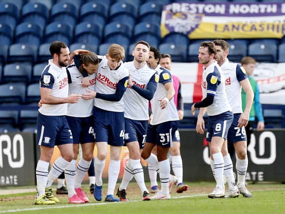 Preston North End celebrate their opening goal against Huddersfield Town at Deepdale