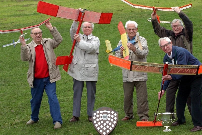 Members of Morley Model Aircraft Club with their models in February 2004. Pictured, from left, Allan Kelly, Tom Hargreaves, Gordon Warburton, John Godden, and Brian Cleasby.