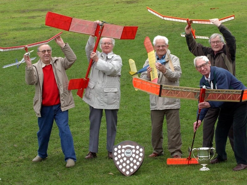 Members of Morley Model Aircraft Club with their models in February 2004. Pictured, from left, Allan Kelly, Tom Hargreaves, Gordon Warburton, John Godden, and Brian Cleasby.