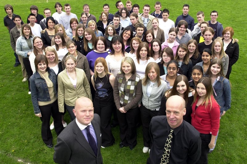 May 2004 and Morley High School head teacher John Townsley and head of sixth form Geoff Heap with students some of which were to receive a bursary for university.