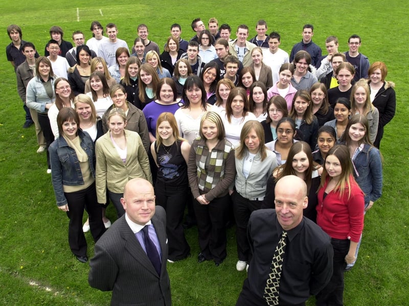 May 2004 and Morley High School head teacher John Townsley and head of sixth form Geoff Heap with students some of which were to receive a bursary for university.