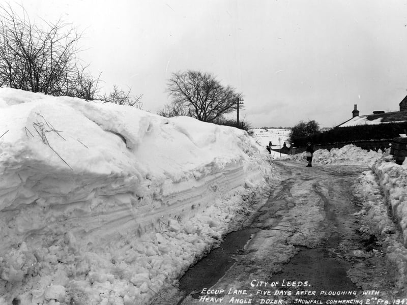 This snowfall had begun on February 2, 1947. This is Eccup Lane five days after ploughing with a heavy angle bulldozer.