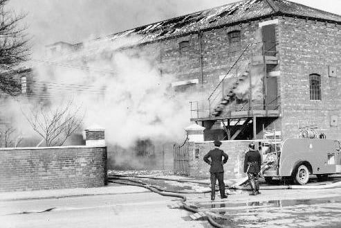 A fire at Bagley's glassworks, Knottingley, in the 1950s