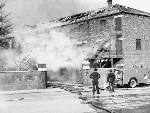 A fire at Bagley's glassworks, Knottingley, in the 1950s