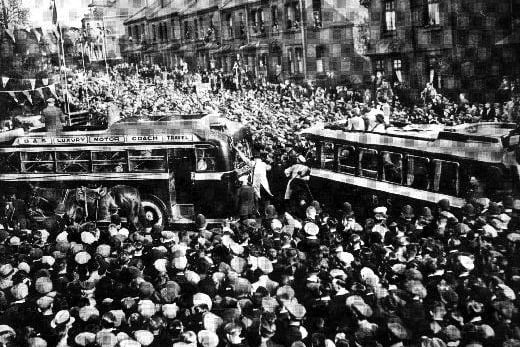Castleford's 1935 Cup-winning rugby league team are welcomed home by the crowd outside the old Town Hall on Ferrybridge Road