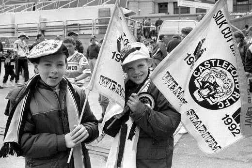 A press photograph of Castleford fans Thomas Harrison, aged 11, and Darren Siberry, aged 10, at the 1992 Challenge Cup final at Wembley
