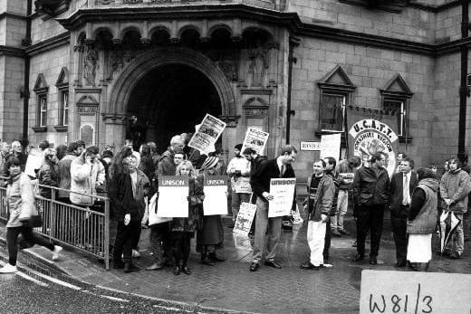 This press photograph shows trade union members protesting outside County Hall on 16th March 1995
