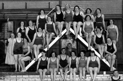 An unidentified swimming club, from 1874 to 1938. Wakefield's only public baths were at Almshouse Lane. A second baths, at Sun Lane, opened in 1938, complete with a stage at the back for theatricals