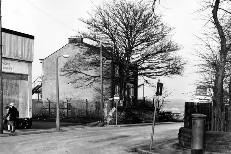 Back Lane from the junction with Stanningley Road in February 1983. In the centre is Town End House, a Grade II listed building dating back to the late 18th century.