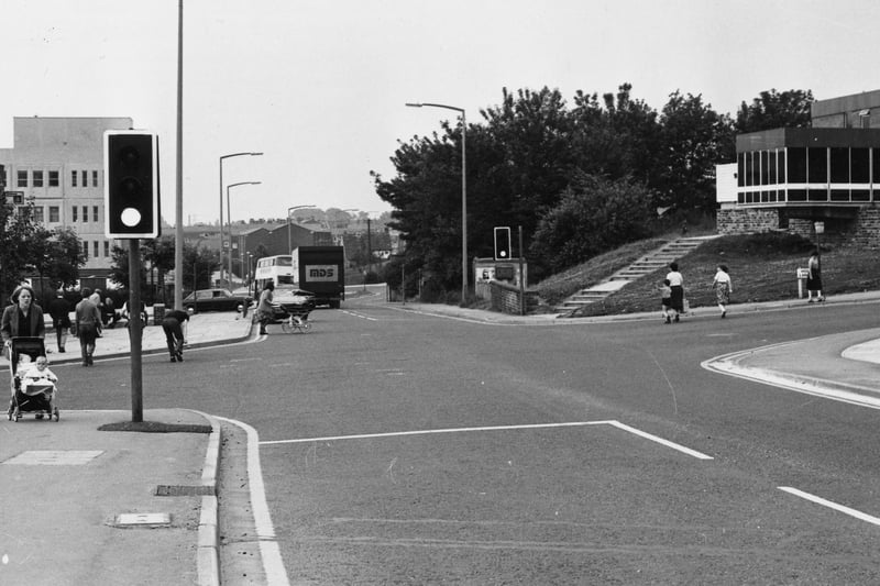 July 1980 and pictured is crossroads on Bramley Town Street, looking from Upper Town Street towards Lower Town Street, with Hough Lane on the right and Waterloo Lane on the left.