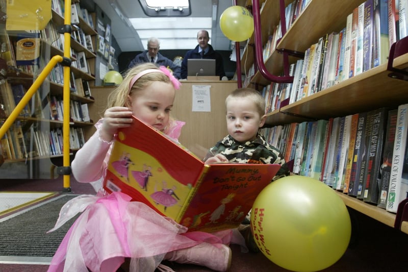 Three-year-old twins Ella and Connor Shanks at the mobile library on World Book Day back in 2006.