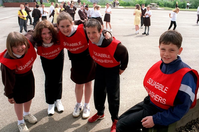 May 1999 and St Anthony's pupils helped to set up 'Squabble Squashers' aimed stopping all squabbles between students. Pictured are Ruth Stevens, Laura Tierney, Katie Devenney, John-Thomas Legge and Robert McGuigan.