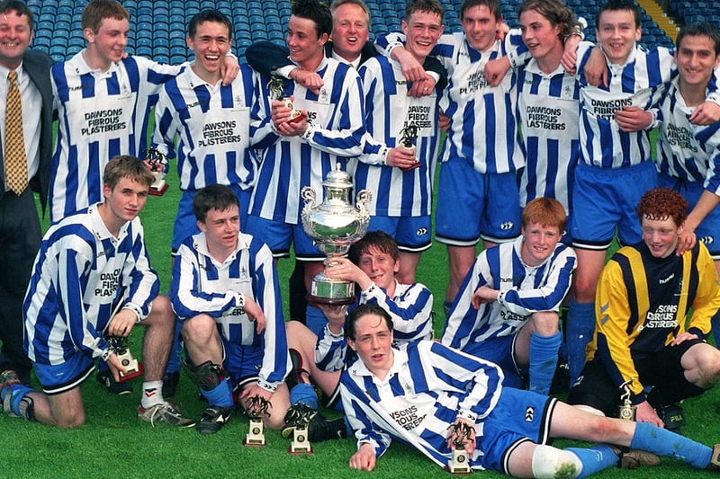 Beeston Juniors celebrate after winning the U16s Leeds and District FA Minor Cup final at Elland Road in May 1999.