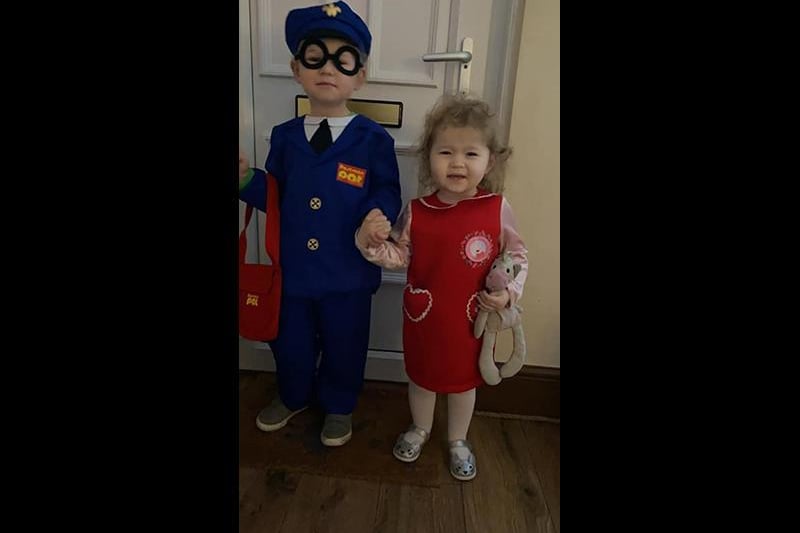Finley, aged 4 as Postman Pat and Poppie, aged 2 as Peppa Pig. PicturebyPaige Manley.