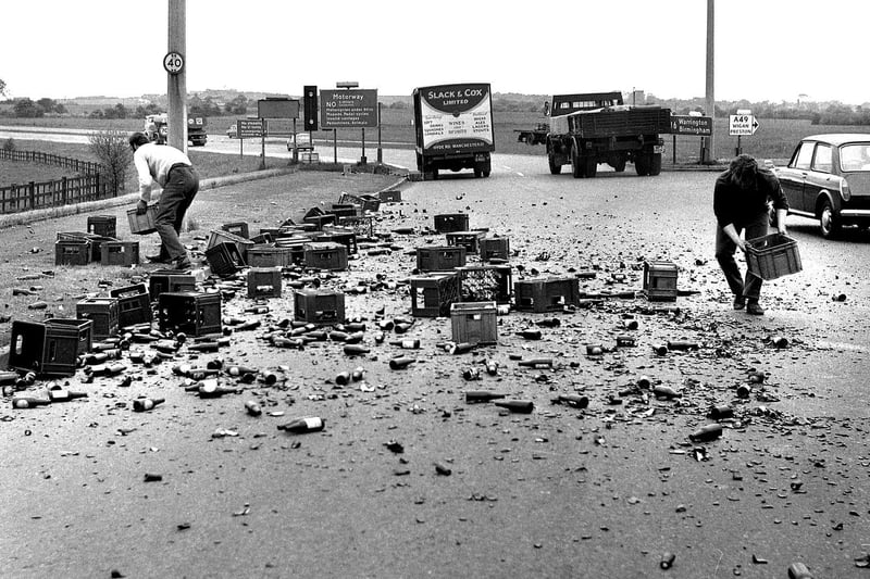 A lorry shed its load of bottled drinks at the M6 Motorway roundabout in Goose Green in 1971