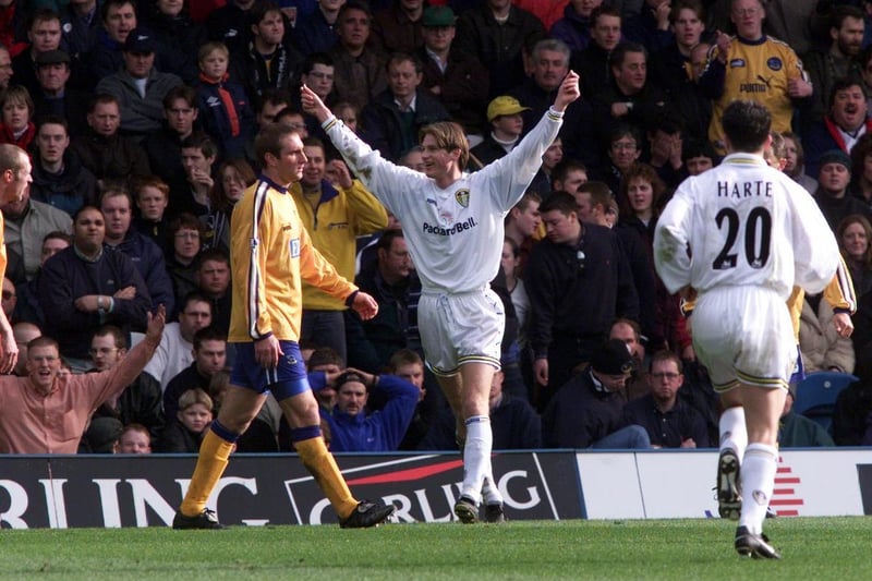 Willem Korsten celebrates after squeezing an acutely-angled left-foot shot beyond Derby County goalkeeper Mart Poom to put Leeds 3-1 ahead.