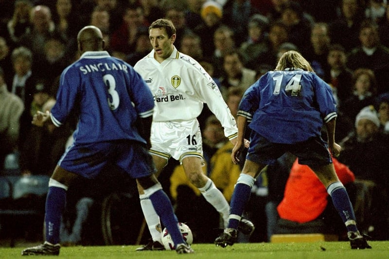 Jason Wilcox takes on Leicester City's Frank Sinclair and Robbie Savage during the FA Carling Premiership clash at Elland Road in December 1999. Leeds won 2-1.