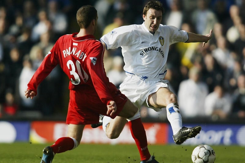 Jason Wilcox reaches for the ball ahead of Middlesbrough's Stuart Parnaby during the FA Barclaycard Premiership clash at Elland Road in March 2003. Boro won 3-2.