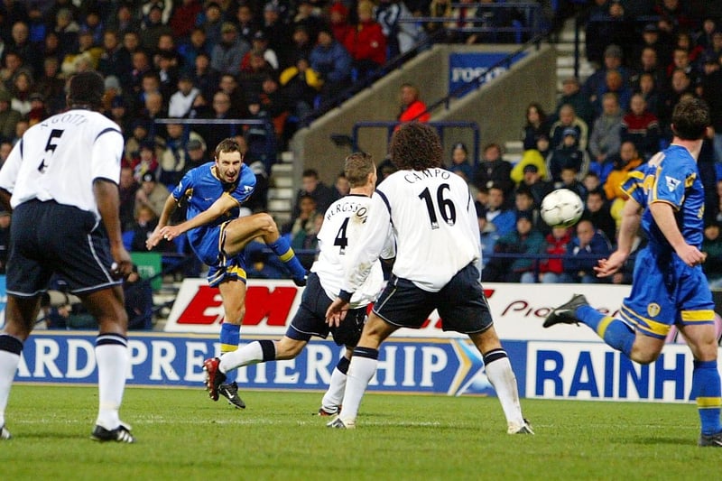 Jason Wilcox scores during the FA Barclaycard Premiership clash against Bolton Wanderers at the Reebok Stadium in December 2002.
