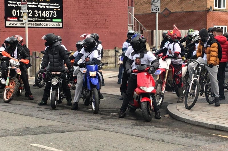 The area's biker and scooter community paid their respects as the courtege passed. Ben was a keen motocross rider.