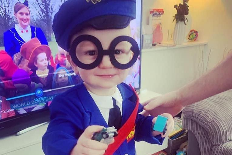 Ralph, who turned 16 months old on World Book Day, dressed as Postman Pat (photo sent by Laura Alexandra Earnshaw)