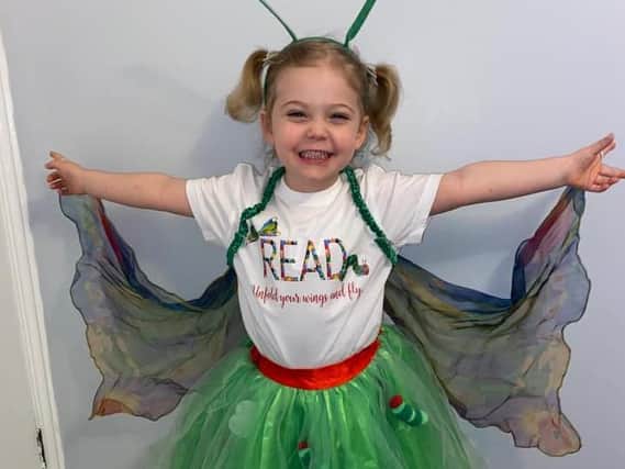 Erin, three, as The Hungry Caterpillar and butterfly.