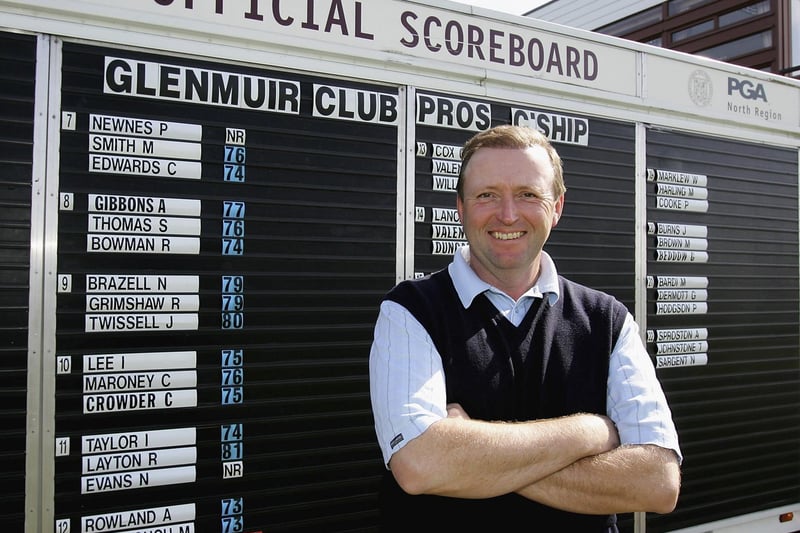 Peter Allan of Ashton-in-Makerfield Golf Club poses in front of the leaderbaord after his round of 69 during The Glenmuir Club Professional Championship North Region at West Lancs Golf Club on April 28, 2006 in Crosby, England.