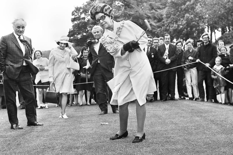 The Mayor of Wigan, Coun. Ethel Naylor, with a putter in hand to launch the first drive after she officially opened the new Haigh golf course on Wednesday 24th of May 1972.