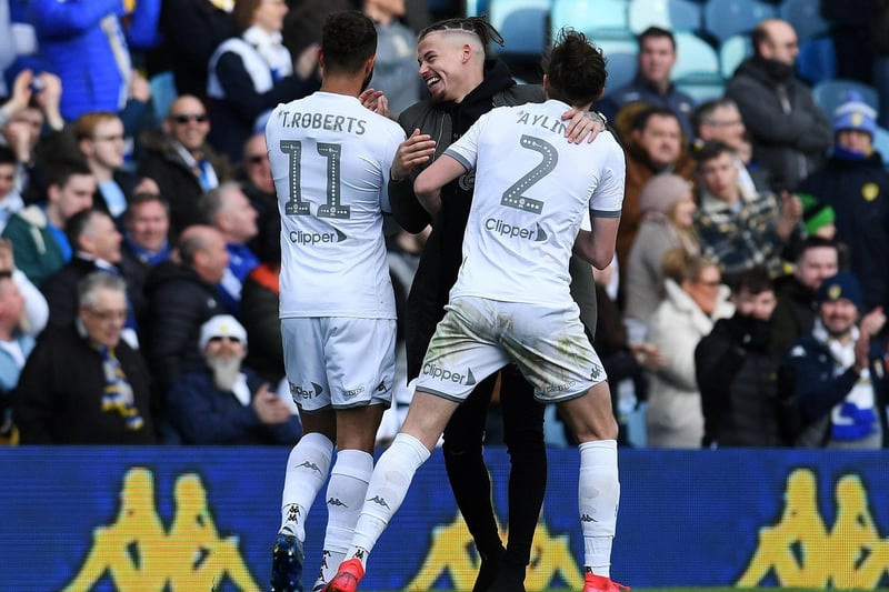 No involvement, but he still embraces his teammates and gives the Elland Road crowd one last fist pump before the stands fall silent...