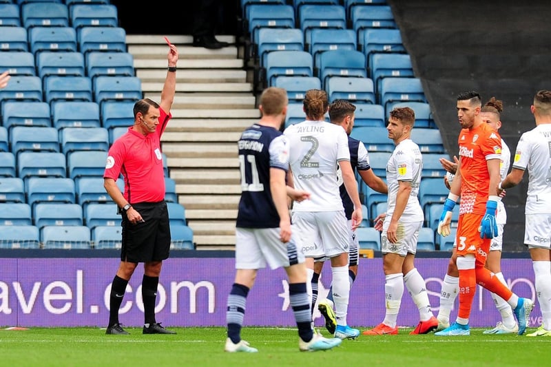 Leeds were back in London just one week later but staring down a barrel after just 14 minutes against Millwall as Gaetano Berardi was harshly sent off. The decision was later overturned but too late for this game. Picture by Simon Hulme.