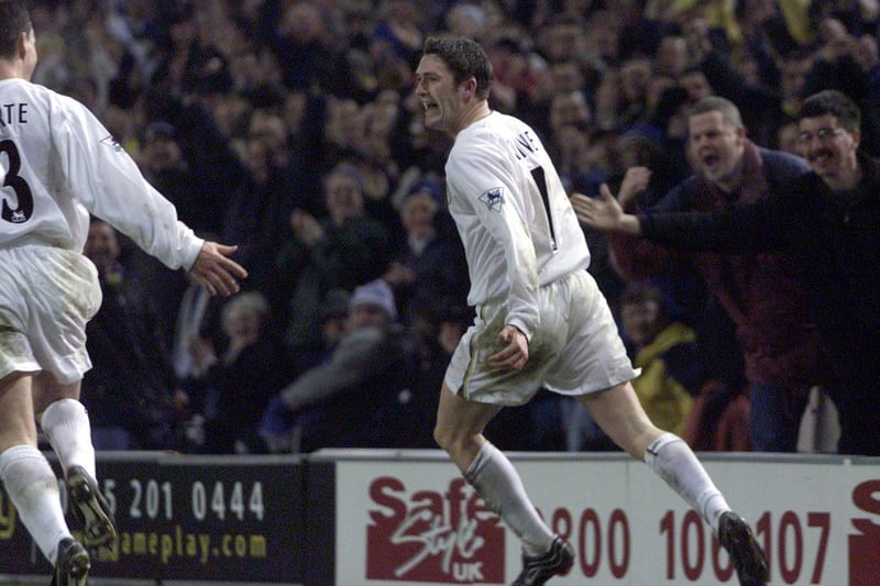 Robbie Keane celebrates scoring the only goal of the game against Coventry City at Elland Road in January 2001.