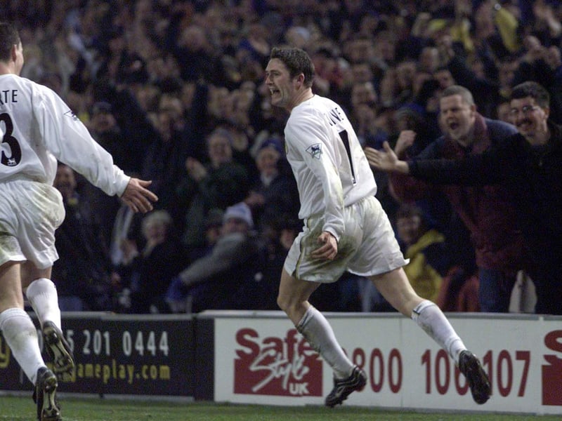 Robbie Keane celebrates scoring the only goal of the game against Coventry City at Elland Road in January 2001.
