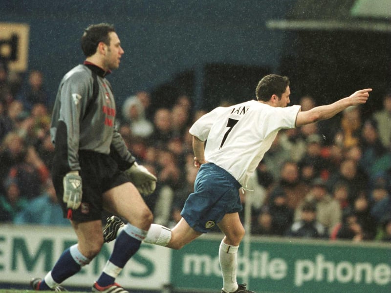Robbie Keane celebrates scoring Ipswich Town goalkeeper Richard Wright during the Premiership clash at Portman Road in February 2001. Leeds won 2-1.