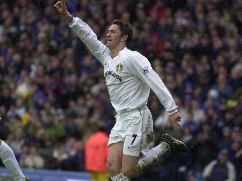 Robbie Keane celebrates scoring against Southampton at Elland Road in April 2001. Leeds won 2-0.