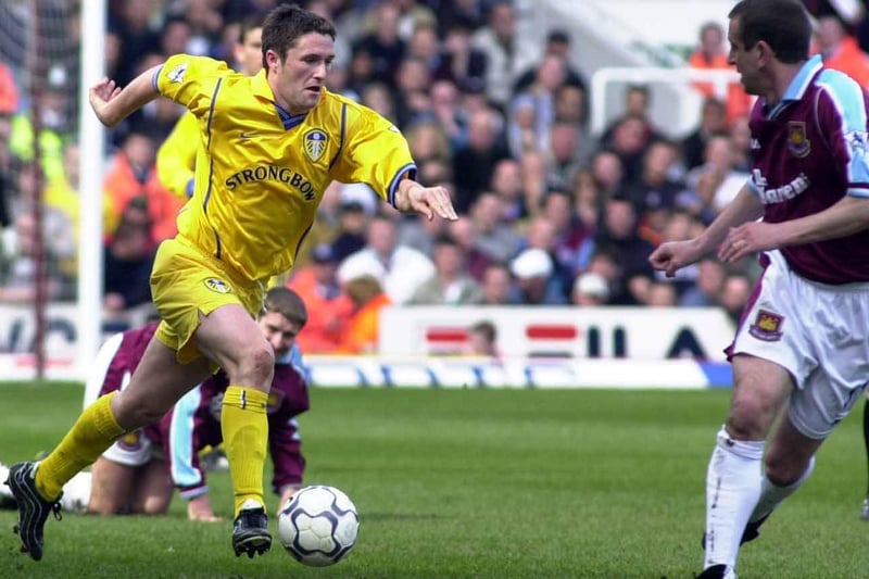 Robbie Keane drives forward against West Ham United at Upton Park in April 2001. He scored as Leeds won 2-0.