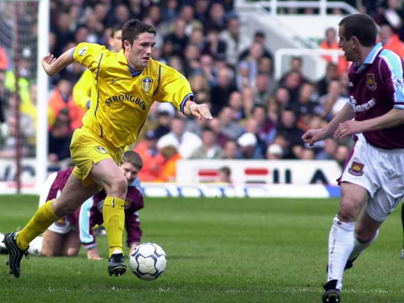 Robbie Keane drives forward against West Ham United at Upton Park in April 2001. He scored as Leeds won 2-0.